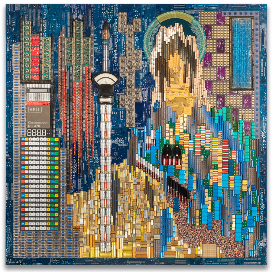 Œuvre nommée "Donbass": sculpture murale cybertrash du sculpteur Rémy Tassou. Vue principale. (vignette carrée pleine largeur)